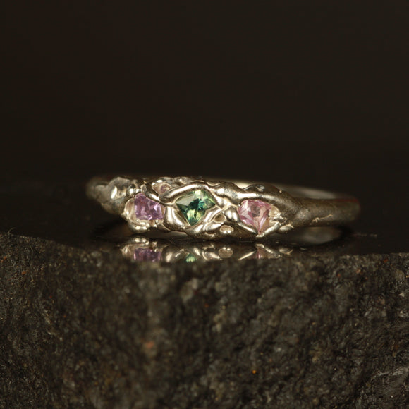 Green and pink sapphire melted ring- Size 7.5 / P