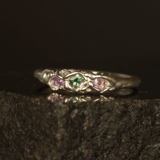 Green and pink sapphire melted ring- Size 7.5 / P