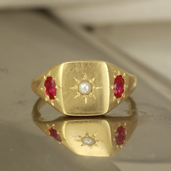 Gold Ruby pearl signet - Size 6